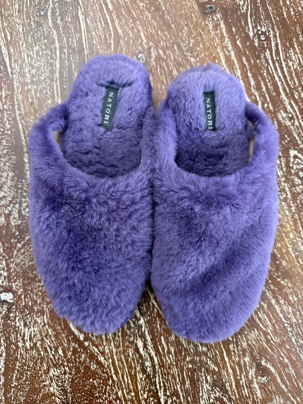 Natori Plush Faux-Fur Slip-Ons in Deep Purple